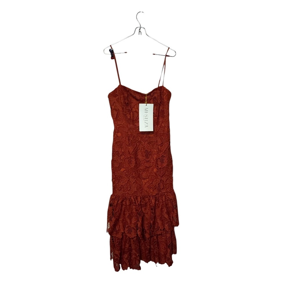 Mestiza Women Dress Midi Floral Lace Tiered Layer Spaghetti Strap Red Sz. 2 NWT